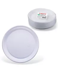 Одноразовые тарелки плоские, КОМПЛЕКТ 100 шт., пластик, d-220 мм, «БЮДЖЕТ», белые, ПС, холодное/горя