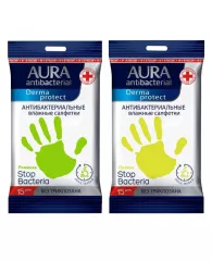 Салфетки влажные антибактериал Aura  Derma Protect pocket-pack , 15шт.с лимоном/ромашкой