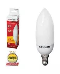 Лампа люминесцентная энергосбер. SONNEN свеча Т2, 9 (40) Вт, цоколь E14, 12000ч, тепл. свет