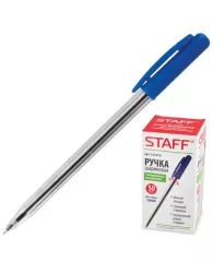 Ручка шариковая автоматическая STAFF "Basic", СИНЯЯ, корпус прозрачный, узел 0,8 мм
