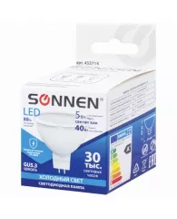 Лампа светодиодная SONNEN, 5 (40) Вт, цоколь GU5.3, холодный белый свет, LED MR16-5W-4000-GU5.3