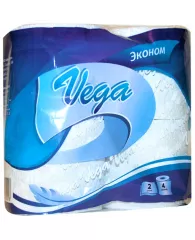 Бумага туалетная Vega "Эконом" 2-слойная, 4шт., тиснение и перфорация, белая