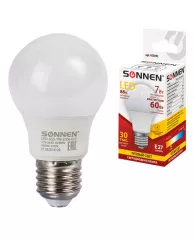 Лампа светодиодная SONNEN, 7 (60) Вт, цоколь E27, грушевидная, теплый белый свет, 30000 ч, LED A55-7