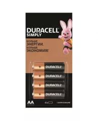 Батарейки КОМПЛЕКТ 4 шт. (отрывной блок), DURACELL Simply, AA (LR06, 15А), алкалиновые, пальчиковые,