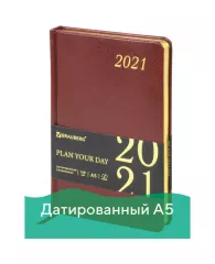 Ежедневник датированный 2021 А5 (138х213 мм) BRAUBERG "Iguana", кожзам, коричневый, 111382