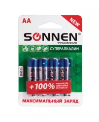 Батарейки КОМПЛЕКТ 4 шт., SONNEN Super Alkaline, АА (LR6,15А), алкалиновые, пальчиковые, блистер, 45