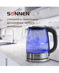 Чайник SONNEN KT-1788, 1,7 л, 2200 Вт, закрытый нагревательный элемент, стекло, черный, подсветка, 4