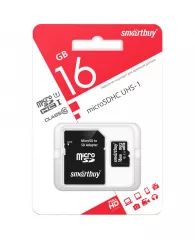 Карта памяти SmartBuy MicroSDHC 16GB, Class 10, скорость чтения 10Мб/сек (c адаптером SD)