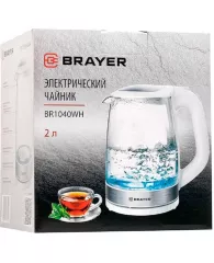 Чайник электрический BRAYER BR1040WH, 2220Вт, 2 л, стекл., белый