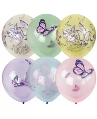 Воздушные шары,  25шт., М12/30см, ПатиБум "Кристалл Bubble. Бабочки", пастель+декоратор, ассорти, ев