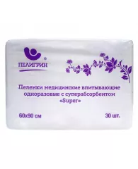 Пеленки впитывающие Пелигрин 60х90 Super с суперабсорб.30шт/уп М60х90/30SS