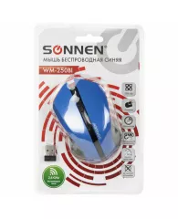 Мышь беспроводная SONNEN WM-250Bl, USB, 1600 dpi, 3 кнопки + 1 колесо-кнопка, оптическая, синяя, 512