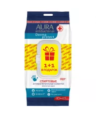 Салфетки влажные Aura 20*15, 40шт., антибактериальные, спиртовые
