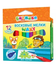 Мелки восковые Биджики "WAXY", 12цв., круглые, европодвес