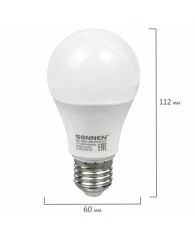 Лампа светодиодная SONNEN, 12(100)Вт, цоколь Е27,груша,тепл.бел,30000ч, LED A60-12W-2700-E27