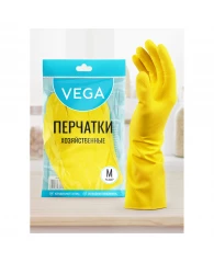 Перчатки резиновые хозяйственные Vega, многоразовые, хлопчатобумажное напыление, р. M, желтые, пакет