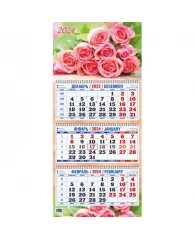Календарь настенный 3-х блочный 2024,Букет роз,3 спир,офс,310х680,КБ01-24