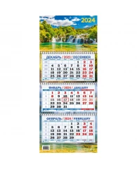 Календарь настенный 3-х блочный 2024,33 водопада,3 спир,офс,195х465,КМ01-24