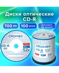 Диски CD-R CROMEX, 700 Mb, 52x, Cake Box (упаковка на шпиле) КОМПЛЕКТ 100 шт., 513778