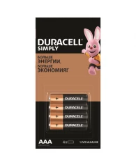 Батарейки КОМПЛЕКТ 4 шт. (отрывной блок), DURACELL Simply ОРИГИНАЛ, AAA (LR03,24А), алкалиновые, миз