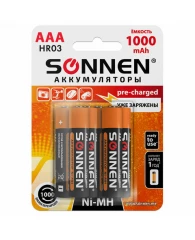 Батарейки аккумуляторные Ni-Mh мизинчиковые КОМПЛЕКТ 6 шт., AAA (HR03) 1000 mAh, SONNEN, 455611