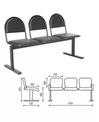 Кресло для посетителей трехсекционное "Тройка", 835х1420х520 мм, черный каркас, черный кожзам, СМ 91